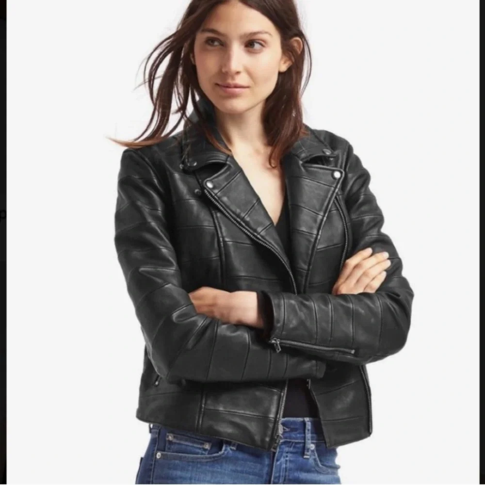 GAP Vegan Faux Leather Bikercore Full Zip Moto Jacket Women’s True Black Small - Picture 2 of 14